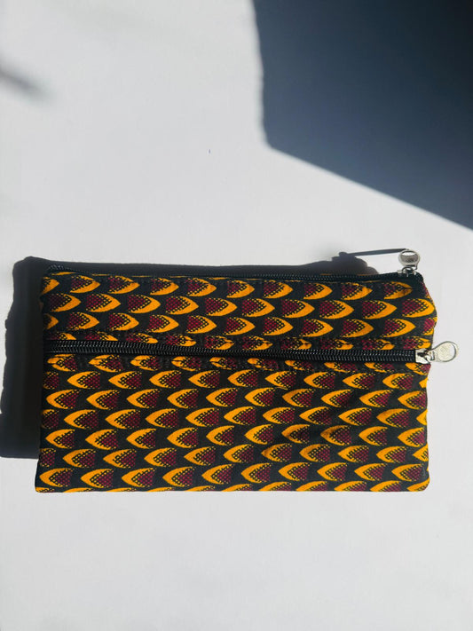 Handmade Double Zip Fabric Pouch - Afro Gold